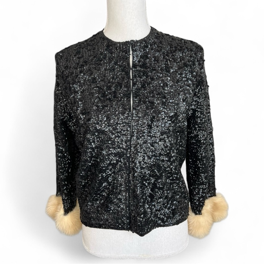 Vintage 1950s Black Sequin Jacket with Fur Trim retro glam blazer party